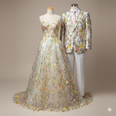 Floral Embroidered Net Fabric in Shades of Yellow, Peach and Light Pink