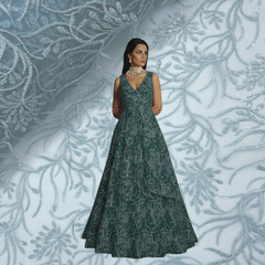 Embroidered Ocean Green Color Net Fabric with Intricate Floral Patterns