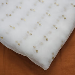 Gold Sequin Embroidered Dyeable Organza Fabric with Square Motif