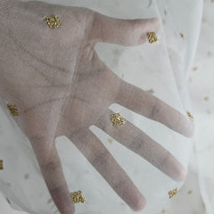 Gold Sequin Embroidered Dyeable Organza Fabric with Square Motif