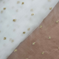 Gold Sequin Embroidered Dyeable Organza Fabric with Square Motif