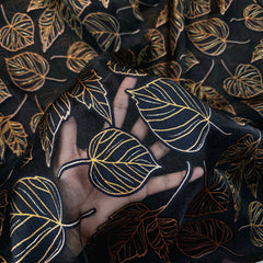 Golden Leaf Digital Print on Brasso Fabric with Black Base