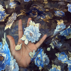 Floral Digital Print on Brasso Fabric with Black Base