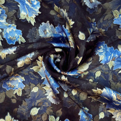 Floral Digital Print on Brasso Fabric with Black Base