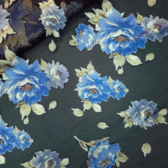 Floral Digital Print on Brasso Fabric with Black Base