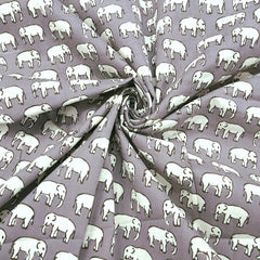 Gajraj Digitally Printed Light Grey Cotton Fabric with Elephant Motif
