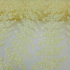 Embroidered Light Yellow Net Fabric with Intricate rose patterns