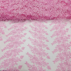 Embroidered Light Pink Net Fabric with Intricate rose patterns