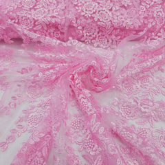 Embroidered Light Pink Net Fabric with Intricate rose patterns