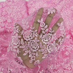 Embroidered Light Pink Net Fabric with Intricate rose patterns