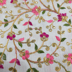 Multicolor Embroidered Zari, & Sequin Work Raw Silk Fabric with Pink Floral Pattern