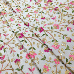 Multicolor Embroidered Zari, & Sequin Work Raw Silk Fabric with Pink Floral Pattern