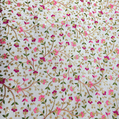 Multicolor Embroidered Zari, & Sequin Work Raw Silk Fabric with Pink Floral Pattern
