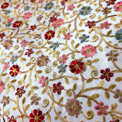 Multicolor Embroidered Zari, & Sequin Work Raw Silk Fabric with Pink and Maroon Floral Pattern