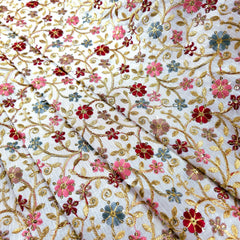 Multicolor Embroidered Zari, & Sequin Work Raw Silk Fabric with Pink and Maroon Floral Pattern