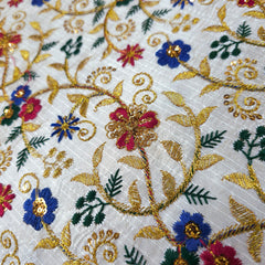 Multicolor Embroidered Zari, & Sequin Work Raw Silk Fabric with Blue Floral Pattern