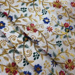 Multicolor Embroidered Zari, & Sequin Work Raw Silk Fabric with Blue Floral Pattern