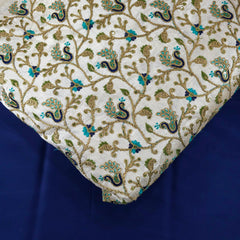 Multicolor Embroidered Zari, & Sequin Work Raw Silk Fabric with Blue Peacock Pattern