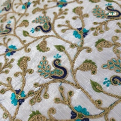 Multicolor Embroidered Zari, & Sequin Work Raw Silk Fabric with Blue Peacock Pattern