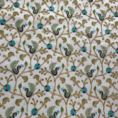Multicolor Embroidered Zari, & Sequin Work Raw Silk Fabric with Blue Peacock Pattern