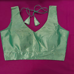 Light Green Dual Tone Blouse with Attached Sleeves and V Neckline