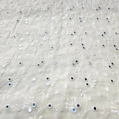 Dyeable Embroidered Georgette Fabric with Mirror Work and floral Threadwork