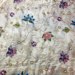 Embroidered Dyeable Shimmer Tissue Fabric with Bright Multicolor Floral Threadwork