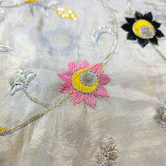 Embroidered Dyeable Shimmer Tissue Fabric with Multicolor Floral Threadwork