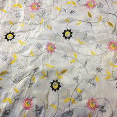 Embroidered Dyeable Shimmer Tissue Fabric with Multicolor Floral Threadwork