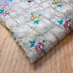 Embroidered Dyeable Shimmer Tissue Fabric with Multicolor Rose Threadwork