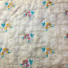 Embroidered Dyeable Shimmer Tissue Fabric with Multicolor Rose Threadwork