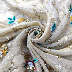 Embroidered Dyeable Shimmer Tissue Fabric with Multicolor Rose Threadwork