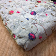 Embroidered Dyeable Shimmer Tissue Fabric with Multicolor Floral Threadwork