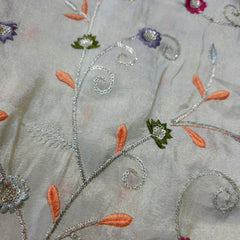 Embroidered Dyeable Shimmer Tissue Fabric with Small Multicolor Floral Threadwork