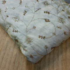 Hand Embroidered Dyeable Shimmer Tissue Fabric with Triangle Geometric Motifs