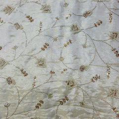 Hand Embroidered Dyeable Shimmer Tissue Fabric with Triangle Geometric Motifs