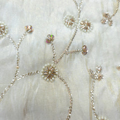 Hand Embroidered Dyeable Shimmer Tissue Fabric with Tiny Floral Motifs