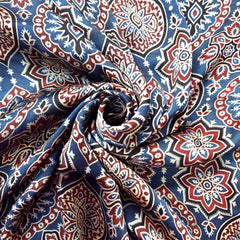 Elegant Handblock Ajrakh Print on Pure Modal Fabric – Traditional Floral Motifs on Indigo Base