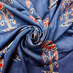 Elegant Handblock Ajrakh Print on Pure Modal Fabric – Floral Motifs on Indigo Base