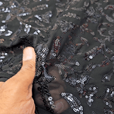 Embroidered Black Georgette Fabric with Triangular Floral Threadwork and Sequins Work