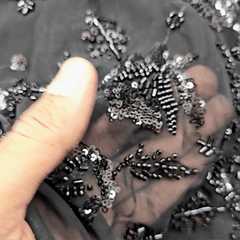 Embroidered Black Georgette Fabric with Rose Motif Cutdana Work and Sequins Work