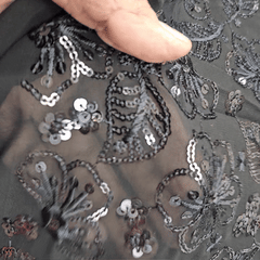 Embroidered Black Georgette Fabric with Floral Threadwork and Sequins Work