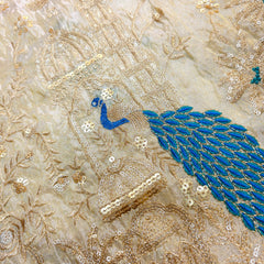 Embroidered Dual Tone Dyeable Shimmer Tissue with Peacock Motifs