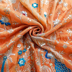 Embroidered Dual Tone Orange Shimmer Tissue with Peacock Motifs