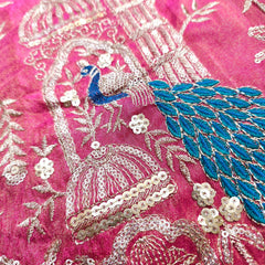 Embroidered Dual Tone Pink Shimmer Tissue with Peacock Motifs
