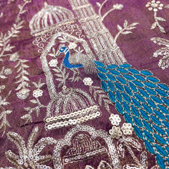 Embroidered Dual Tone Wine Shimmer Tissue with Peacock Motifs