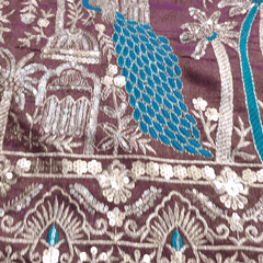 Embroidered Dual Tone Wine Shimmer Tissue with Peacock Motifs