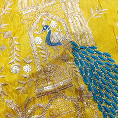 Embroidered Dual Tone Yellow Shimmer Tissue with Peacock Motifs