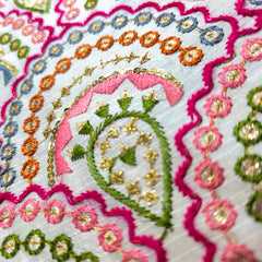 Multicolor Embroidered Zari, & Sequin Work Raw Silk Fabric with Scallop Pattern