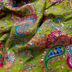 Lime Green Crepe Base Fabric with Multicolor Embroidery & Zari, Sequin work
